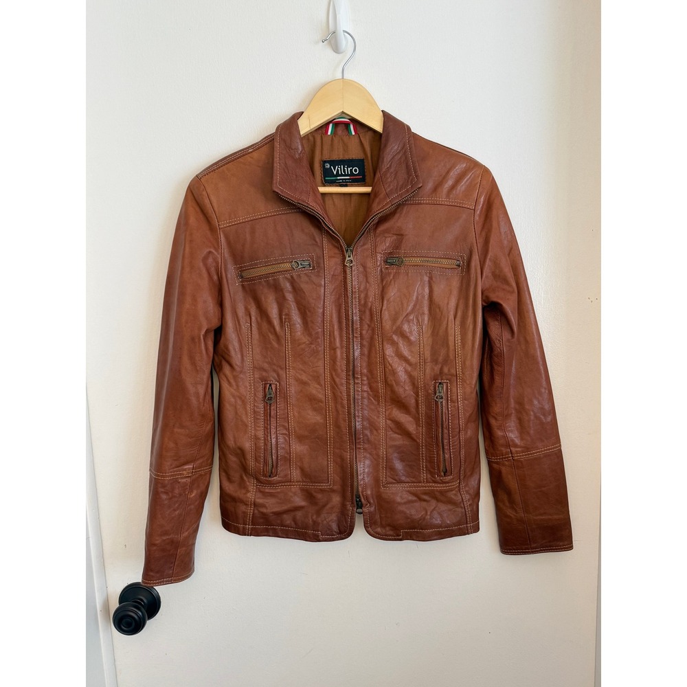 Viliro Brown Vera Pelle Leather Jacket Made in Italy Zip Front Moto Style 44